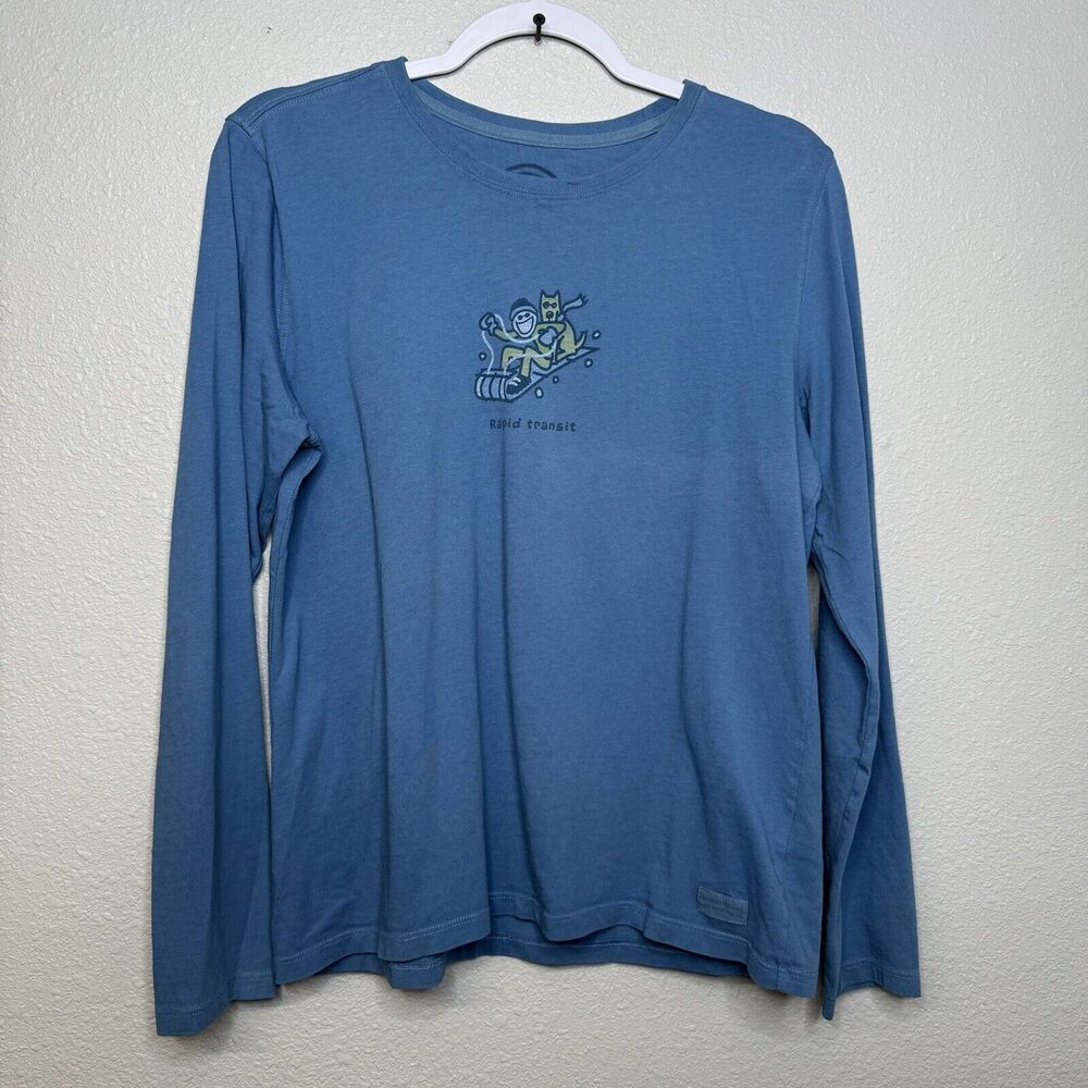 Life is Good Women's Tee Size M Long Sleeve Relaxed Fit Rapid Transit Blue